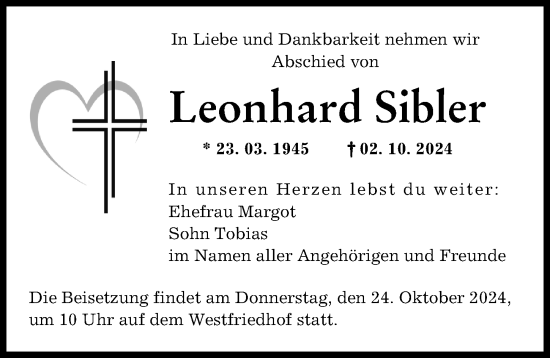 Traueranzeige von Leonhard Sibler von Augsburger Allgemeine