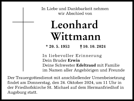 Traueranzeige von Leonhard Wittmann von Augsburger Allgemeine