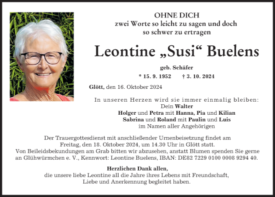 Traueranzeige von Leontine Buelens von Donau Zeitung