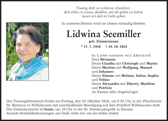 Traueranzeige von Lidwina Seemiller von Augsburg-Land