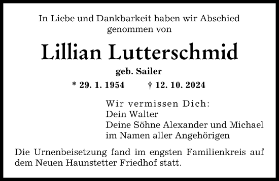 Traueranzeige von Lillian Lutterschmid von Augsburger Allgemeine