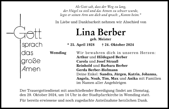 Traueranzeige von Lina Berber von Donauwörther Zeitung