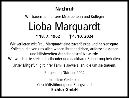 Traueranzeige von Lioba Marquardt von Landsberger Tagblatt
