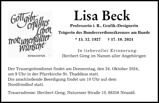Traueranzeige von Lisa Beck von Augsburger Allgemeine
