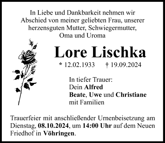 Traueranzeige von Lore Lischka von Illertisser Zeitung