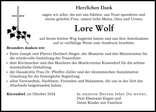 Traueranzeige von Lore Wolf von Günzburger Zeitung