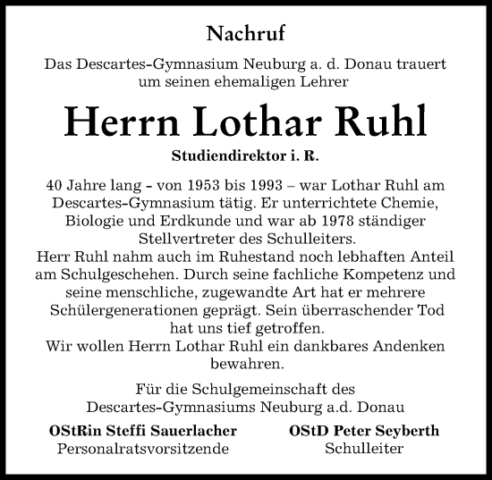 Traueranzeige von Lothar Ruhl von Neuburger Rundschau