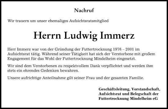 Traueranzeige von Ludwig Immerz von Mindelheimer Zeitung
