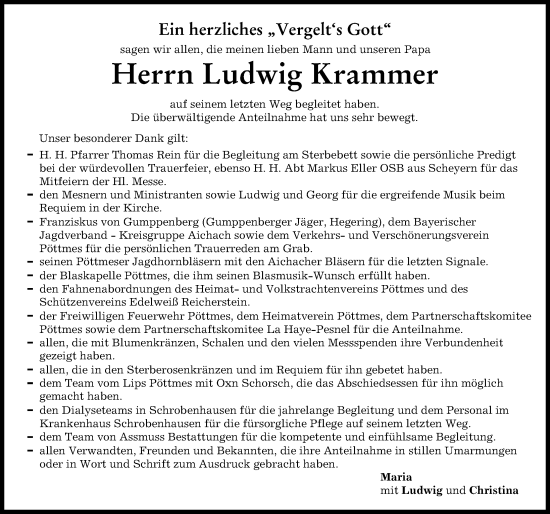 Traueranzeige von Ludwig Krammer von Aichacher Nachrichten