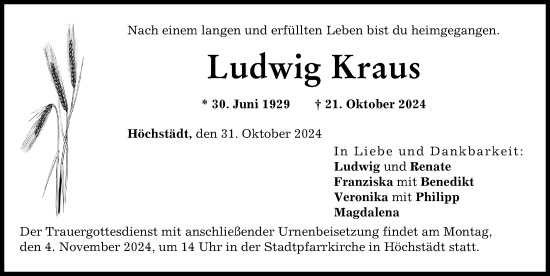 Traueranzeige von Ludwig Kraus von Donau Zeitung
