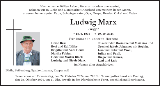 Traueranzeige von Ludwig Marx von Landsberger Tagblatt