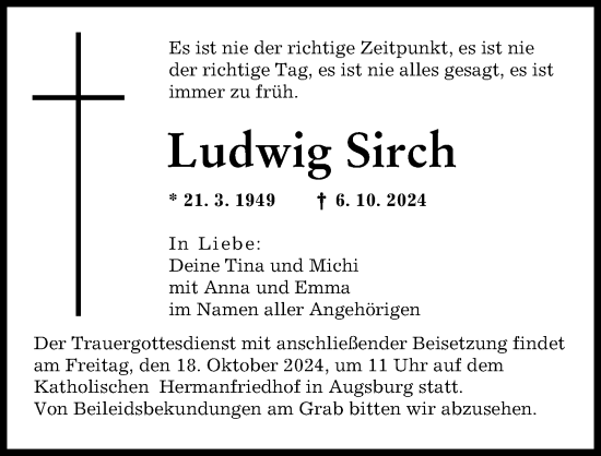 Traueranzeige von Ludwig Sirch von Augsburger Allgemeine