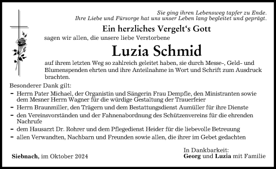 Traueranzeige von Luzia Schmid von Mindelheimer Zeitung