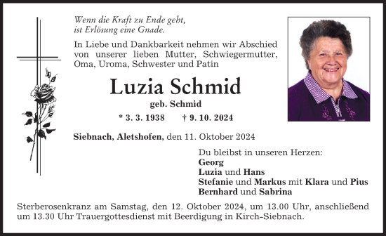 Traueranzeige von Luzia Schmid von Mindelheimer Zeitung
