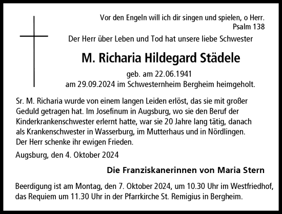 Traueranzeige von M. Richaria Hildegard Städele von Augsburger Allgemeine