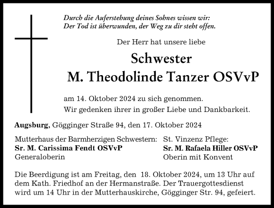 Traueranzeige von M. Theodolinde Tanzer von Augsburger Allgemeine