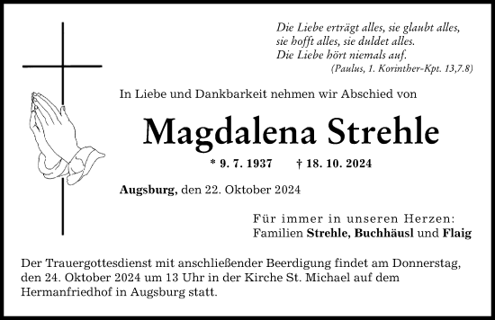 Traueranzeige von Magdalena Strehle von Augsburger Allgemeine