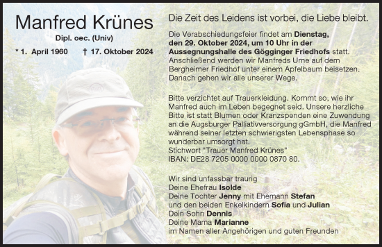 Traueranzeige von Manfred Krünes von Augsburger Allgemeine