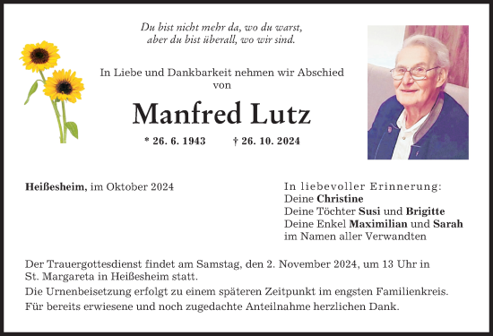 Traueranzeige von Manfred Lutz von Donauwörther Zeitung
