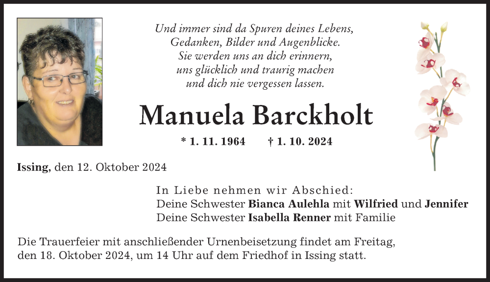  Traueranzeige für Manuela Barckholt vom 12.10.2024 aus Landsberger Tagblatt