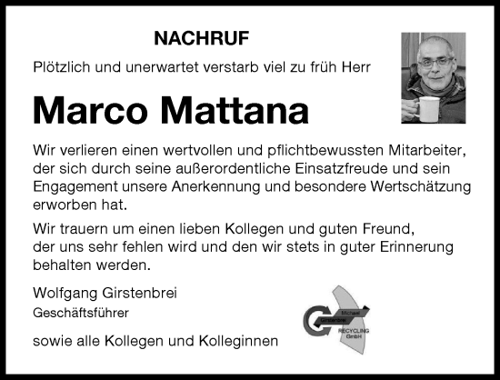 Traueranzeige von Marco Mattana von Wertinger Zeitung, Donau Zeitung