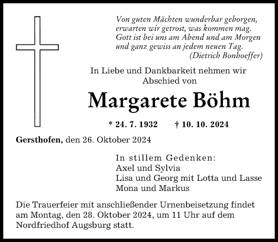 Traueranzeige von Margarete Böhm von Augsburger Allgemeine