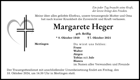 Traueranzeige von Margarete Heger von Donauwörther Zeitung