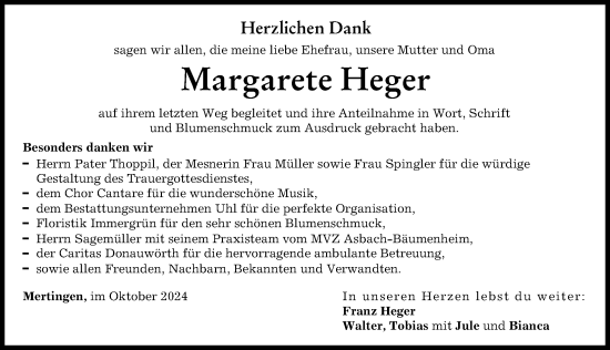 Traueranzeige von Margarete Heger von Donauwörther Zeitung