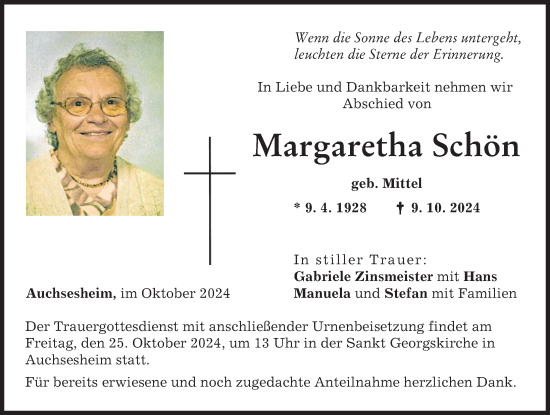 Traueranzeige von Margaretha Schön von Donauwörther Zeitung
