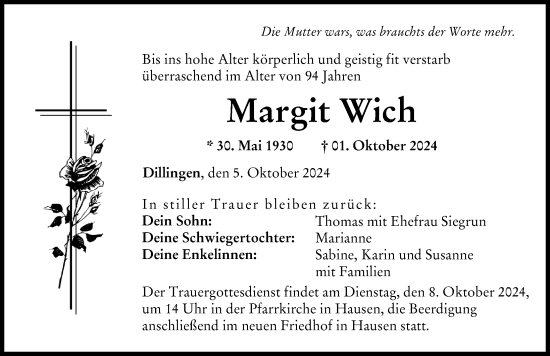 Traueranzeige von Margit Wich von Donau Zeitung