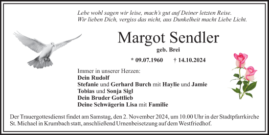 Traueranzeige von Margot Sendler von Mittelschwäbische Nachrichten