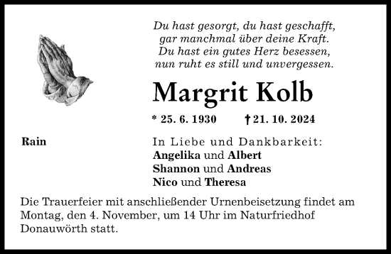 Traueranzeige von Margrit Kolb von Donauwörther Zeitung