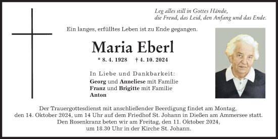 Traueranzeige von Maria Eberl von Landsberger Tagblatt, Ammersee Kurier