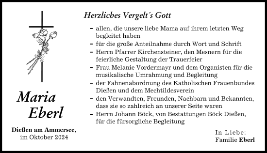 Traueranzeige von Maria Eberl von Ammersee Kurier, Landsberger Tagblatt