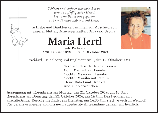 Traueranzeige von Maria Hertl von Neuburger Rundschau