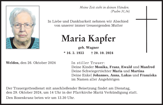 Traueranzeige von Maria Kapfer von Augsburg-Land