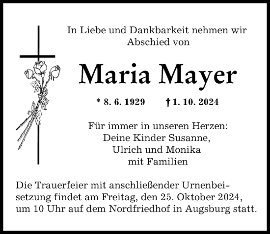 Traueranzeige von Maria Mayer von Augsburger Allgemeine