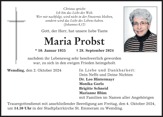 Traueranzeige von Maria Probst von Donauwörther Zeitung