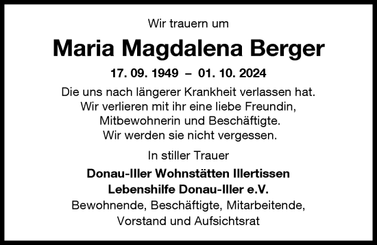 Traueranzeige von Maria Magdalena Berger von Illertisser Zeitung, Neu-Ulmer Zeitung