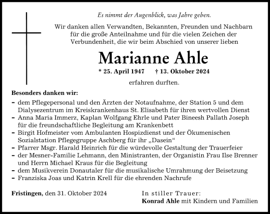Traueranzeige von Marianne Ahle von Donau Zeitung