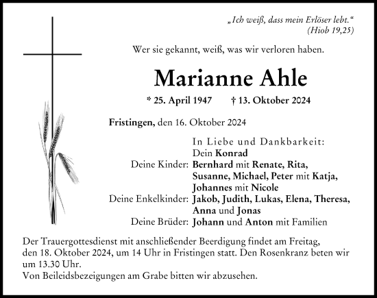 Traueranzeige von Marianne Ahle von Donau Zeitung