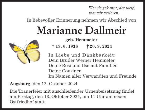 Traueranzeige von Marianne Dallmeir von Augsburger Allgemeine