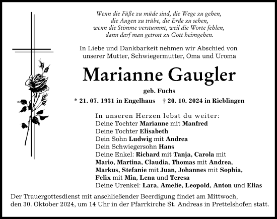 Traueranzeige von Marianne Gaugler von Wertinger Zeitung