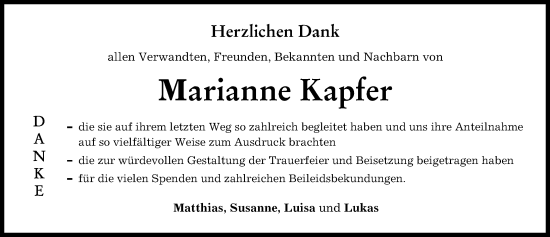 Traueranzeige von Marianne Kapfer von Donau Zeitung