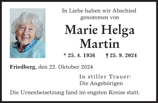 Traueranzeige von Marie Helga Martin von Friedberger Allgemeine, Augsburger Allgemeine
