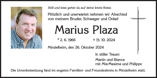 Traueranzeige von Marius Plaza von Mindelheimer Zeitung