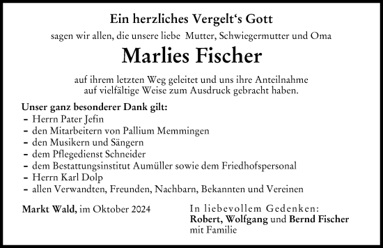 Traueranzeige von Marlies Fischer von Mindelheimer Zeitung