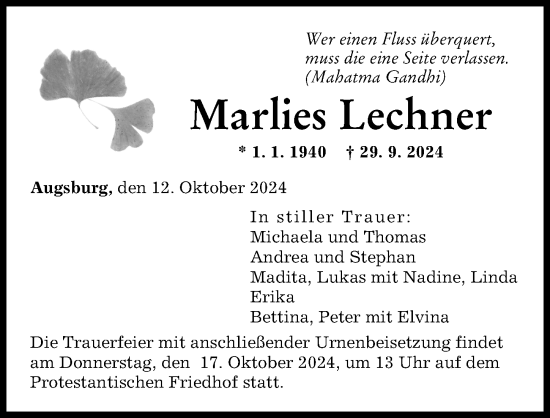Traueranzeige von Marlies Lechner von Augsburger Allgemeine