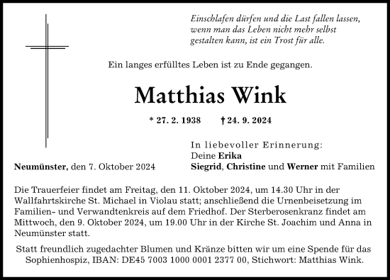 Traueranzeige von Matthias Wink von Augsburg-Land
