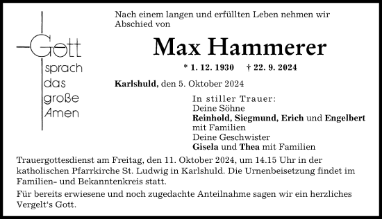 Traueranzeige von Max Hammerer von Neuburger Rundschau